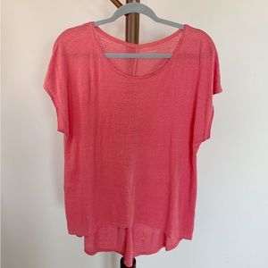 EILEEN FISHER Oversized 100% Linen Scoop Tee Coral Pink Size Small High Low Hem